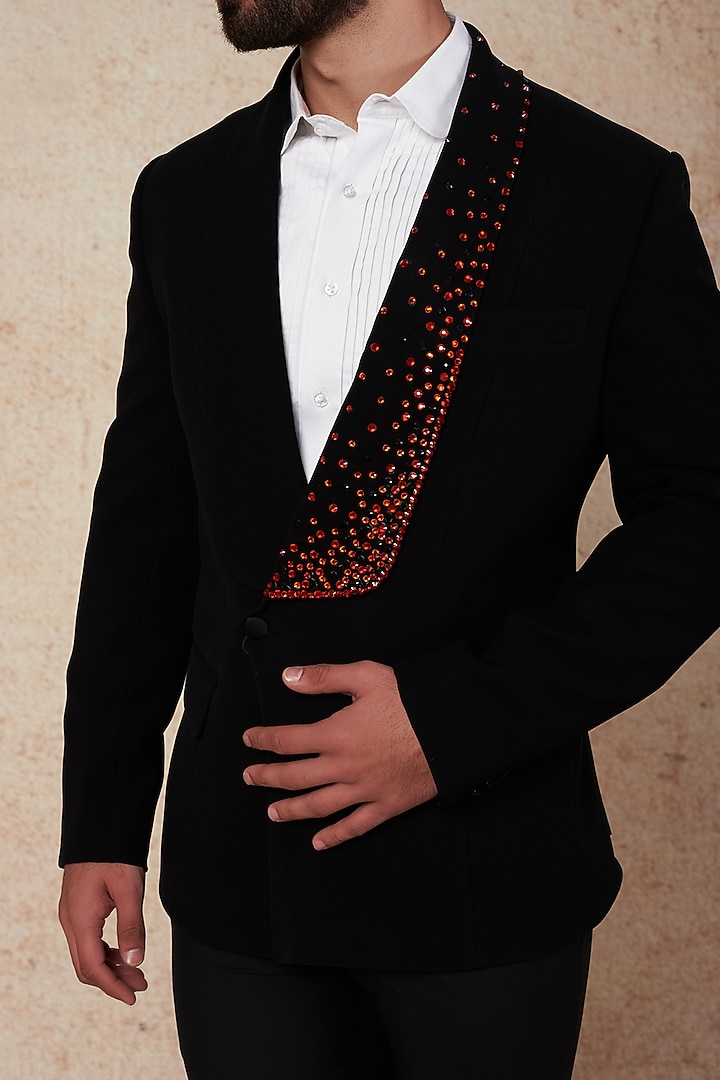 Black Swarovski Embroidered Tuxedo Set by Prateek Munjal at Pernia's Pop Up Shop