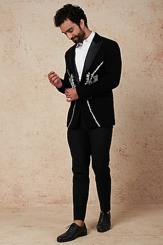Black Motif Embroidered Tuxedo Set by Prateek Munjal