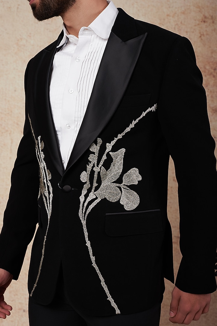 Black Motif Embroidered Tuxedo Set by Prateek Munjal at Pernia's Pop Up Shop
