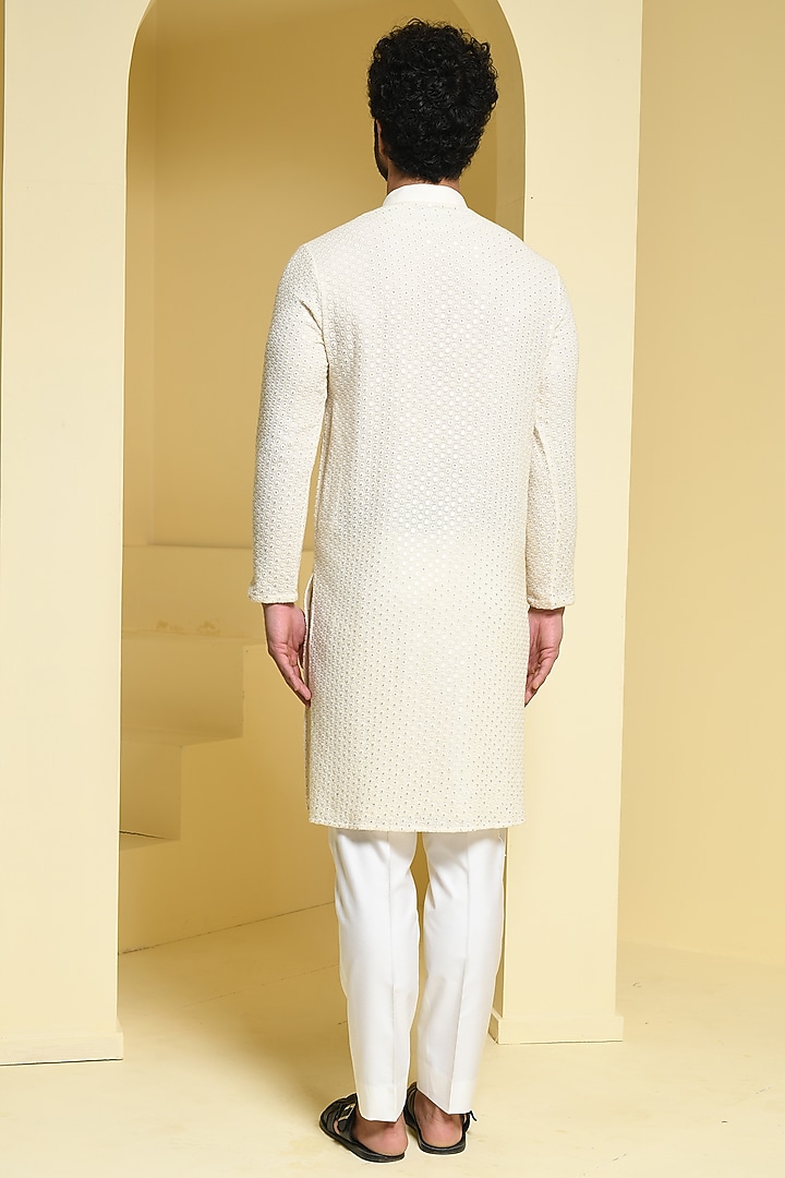 Ivory Cotton Silk Sequins Embroidered Kurta Set by Prateek Munjal at Pernia's Pop Up Shop