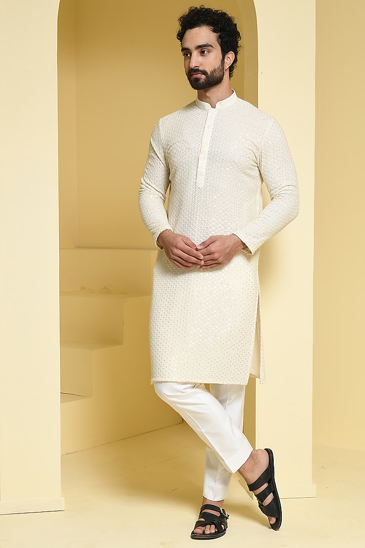 Ivory Cotton Silk Sequins Embroidered Kurta Set by Prateek Munjal at Pernia's Pop Up Shop