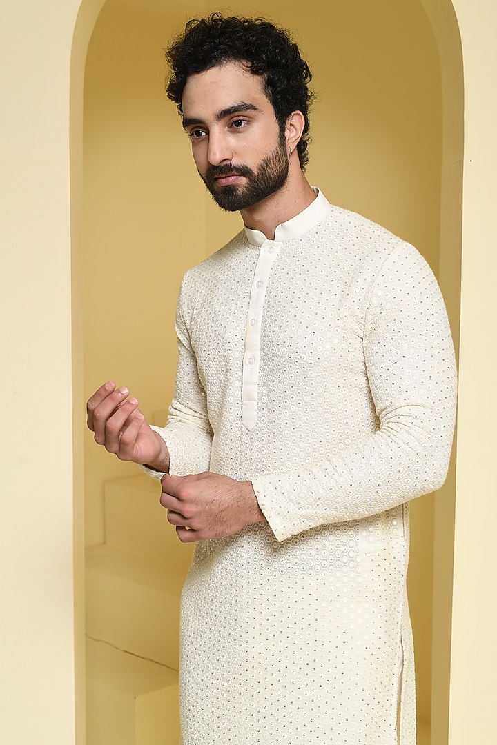 Ivory Cotton Silk Sequins Embroidered Kurta Set by Prateek Munjal at Pernia's Pop Up Shop
