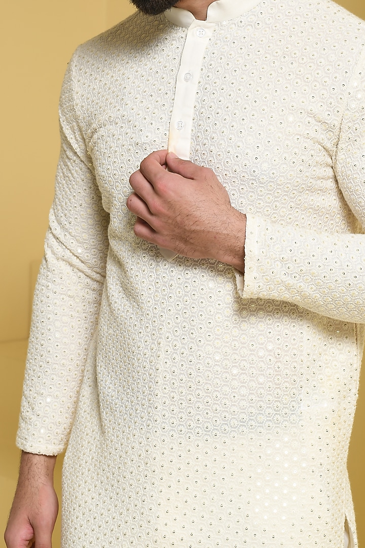 Ivory Cotton Silk Sequins Embroidered Kurta Set by Prateek Munjal at Pernia's Pop Up Shop