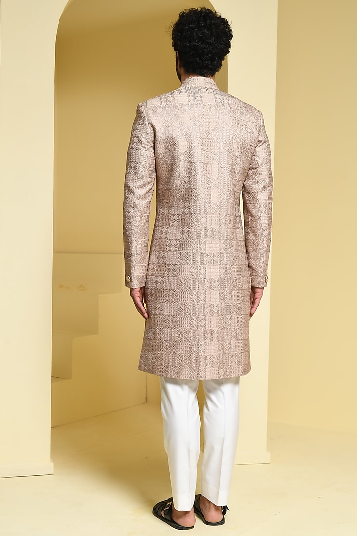 Beige Pure Silk Embroidered Wedding Sherwani Set by Prateek Munjal at Pernia's Pop Up Shop