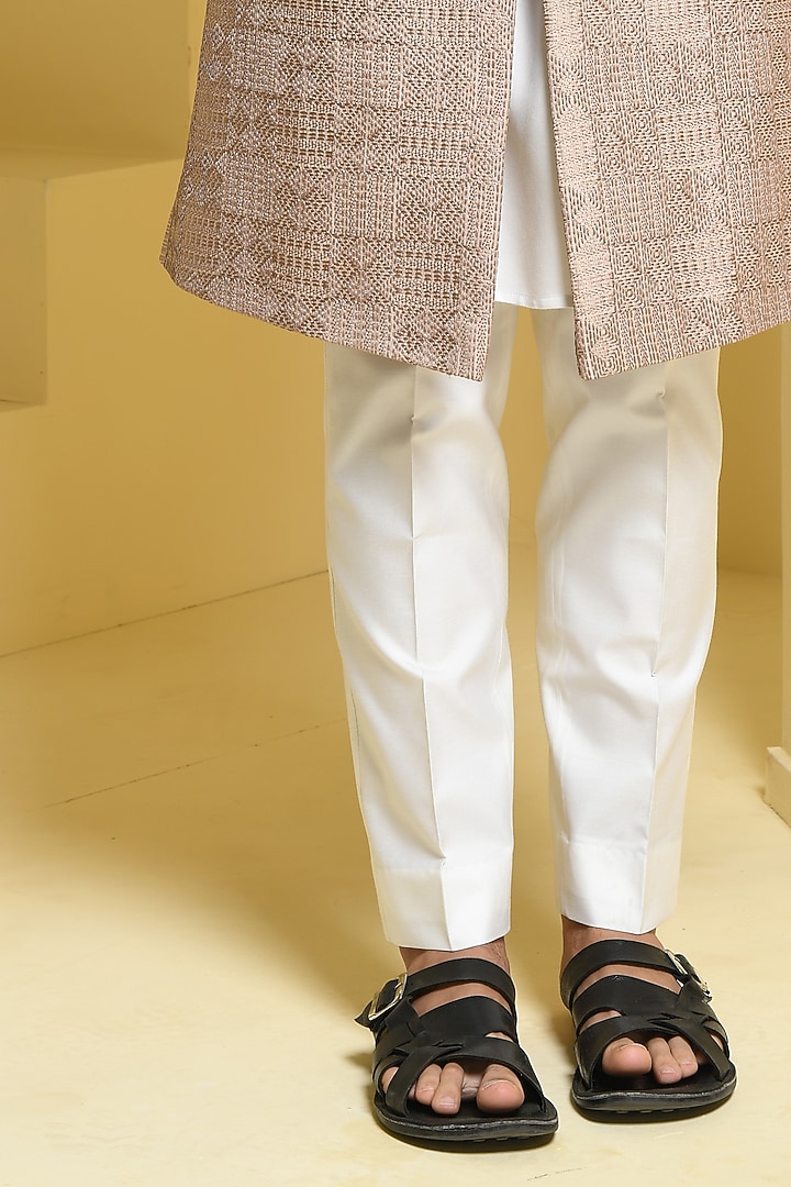 Beige Pure Silk Embroidered Wedding Sherwani Set by Prateek Munjal at Pernia's Pop Up Shop