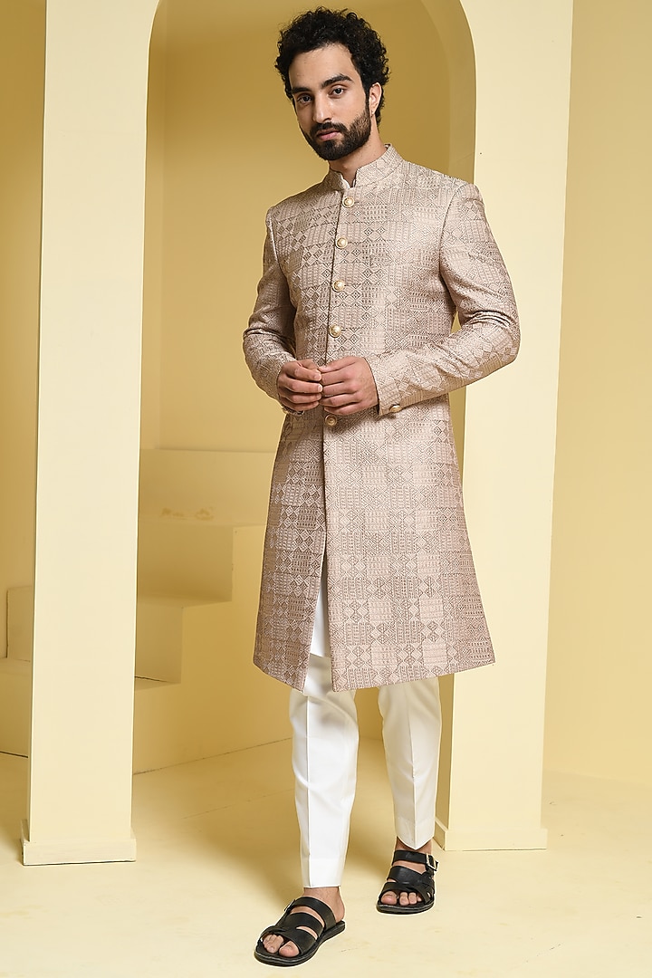 Beige Pure Silk Embroidered Wedding Sherwani Set by Prateek Munjal at Pernia's Pop Up Shop
