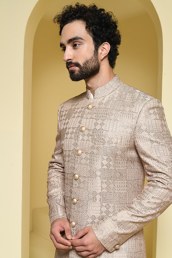 Beige Pure Silk Embroidered Wedding Sherwani Set by Prateek Munjal at Pernia's Pop Up Shop