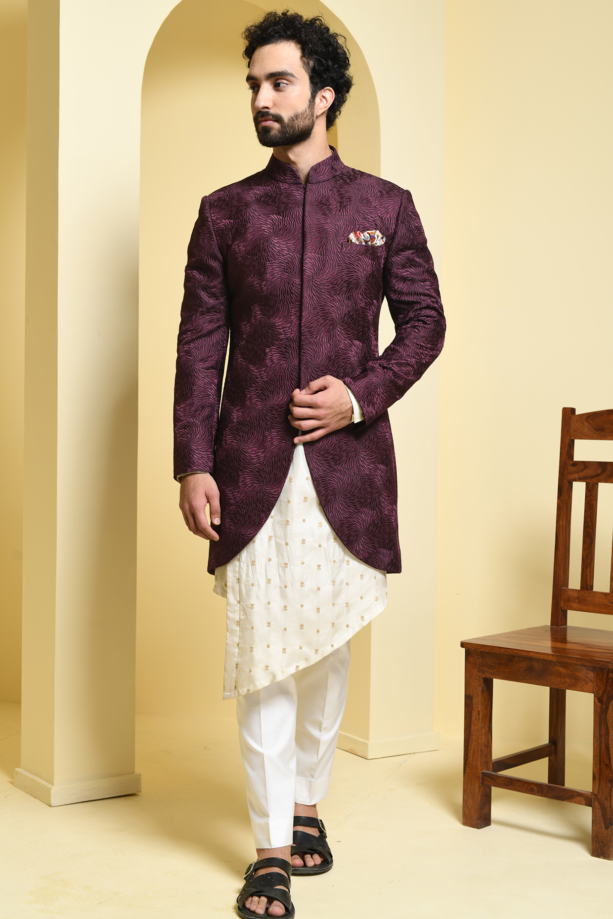 Wine Silk Wedding Indowestern Set by KUSTOMEYES at Pernia's Pop Up Shop