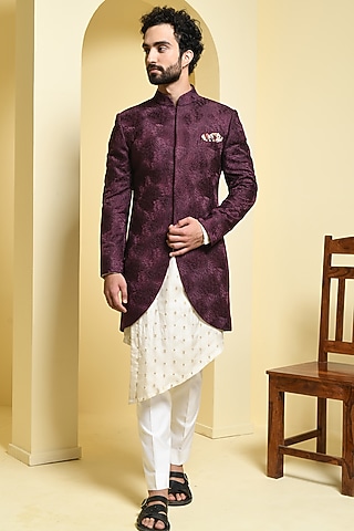 Wine Silk Indowestern Set by Prateek Munjal