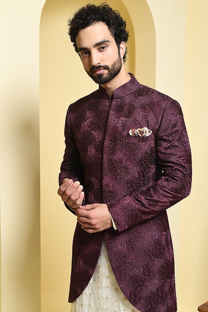 Wine Silk Wedding Indowestern Set by Prateek Munjal at Pernia's Pop Up Shop