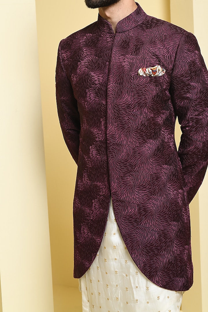 Wine Silk Wedding Indowestern Set by Prateek Munjal at Pernia's Pop Up Shop