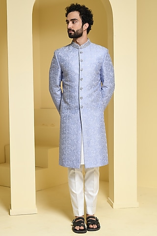 Powder Blue Embroidered Sherwani Set by Prateek Munjal