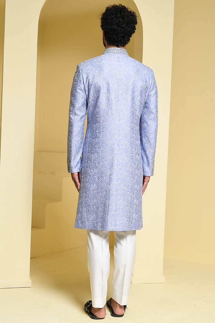 Powder Blue Embroidered Wedding Sherwani Set by Prateek Munjal at Pernia's Pop Up Shop
