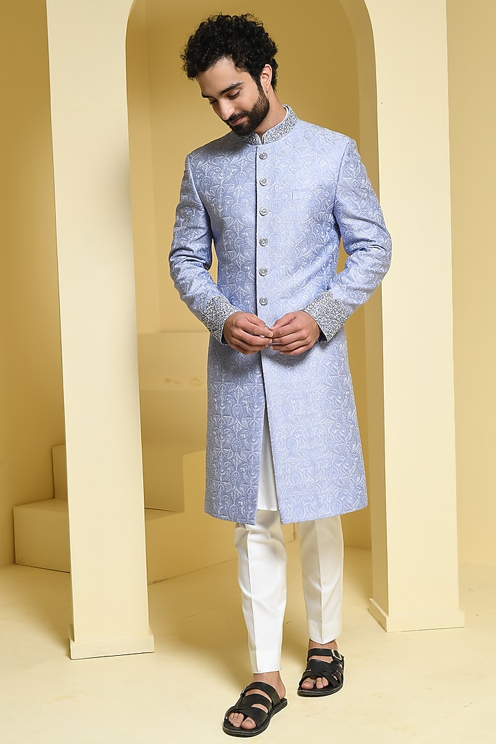 Powder Blue Embroidered Wedding Sherwani Set by Prateek Munjal at Pernia's Pop Up Shop