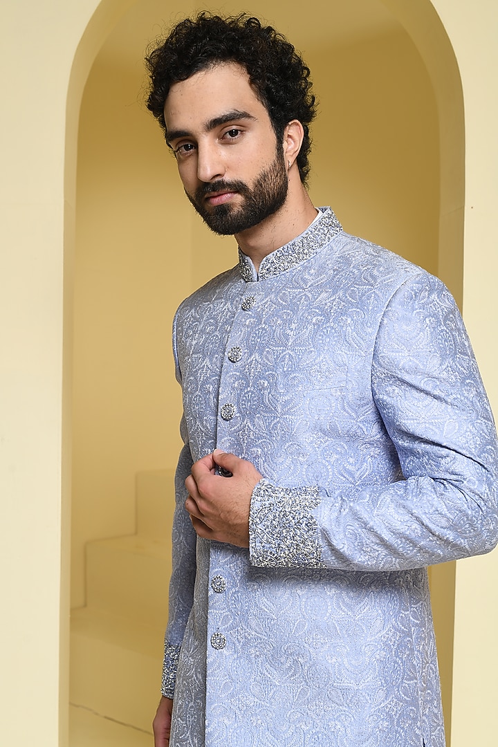 Powder Blue Embroidered Wedding Sherwani Set by Prateek Munjal at Pernia's Pop Up Shop