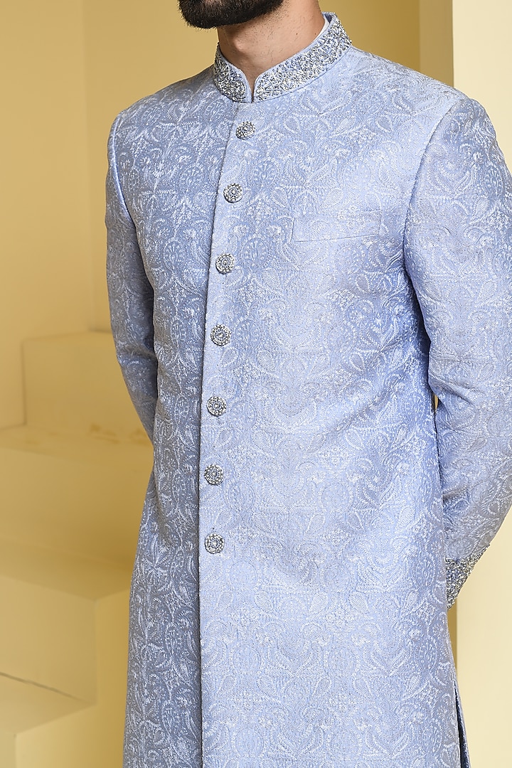 Powder Blue Embroidered Wedding Sherwani Set by Prateek Munjal at Pernia's Pop Up Shop