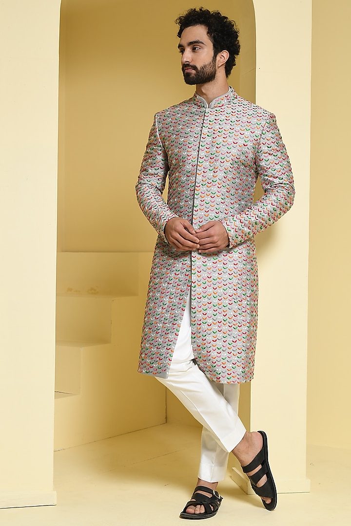 Silver Embroidered Sherwani Set by KUSTOMEYES