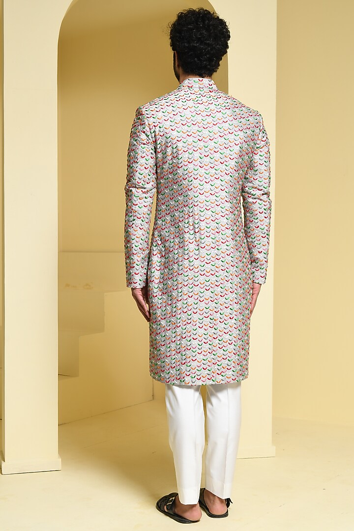 Silver Cotton Silk Thread Hand Embroidered Groom Sherwani Set by Prateek Munjal at Pernia's Pop Up Shop