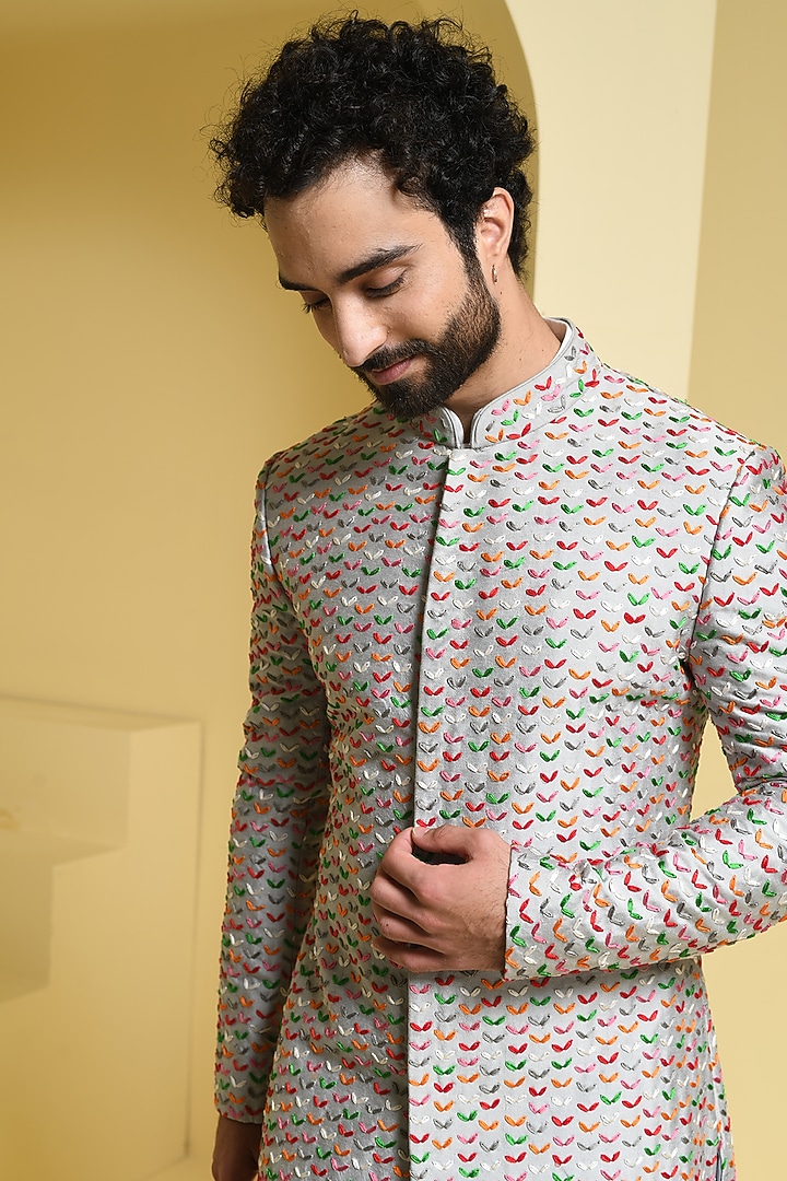 Silver Cotton Silk Thread Hand Embroidered Groom Sherwani Set by Prateek Munjal at Pernia's Pop Up Shop