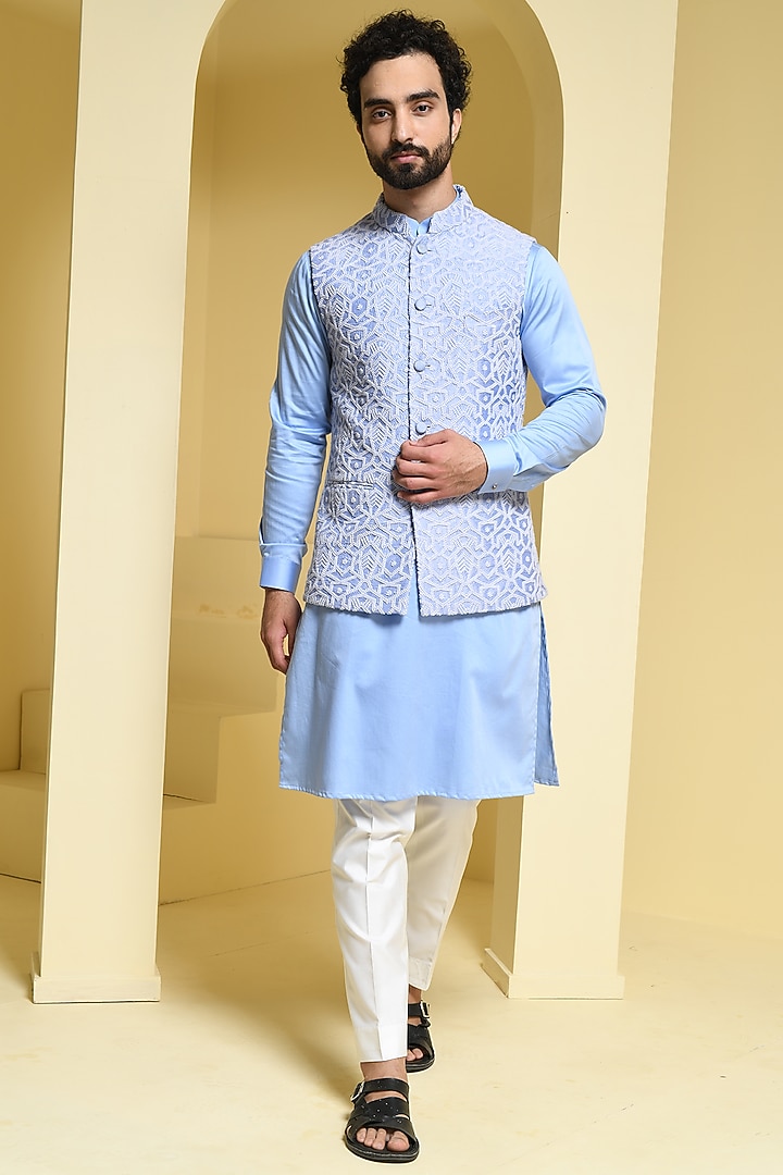 Powder Blue Silk Nehru Jacket Set by Prateek Munjal at Pernia's Pop Up Shop