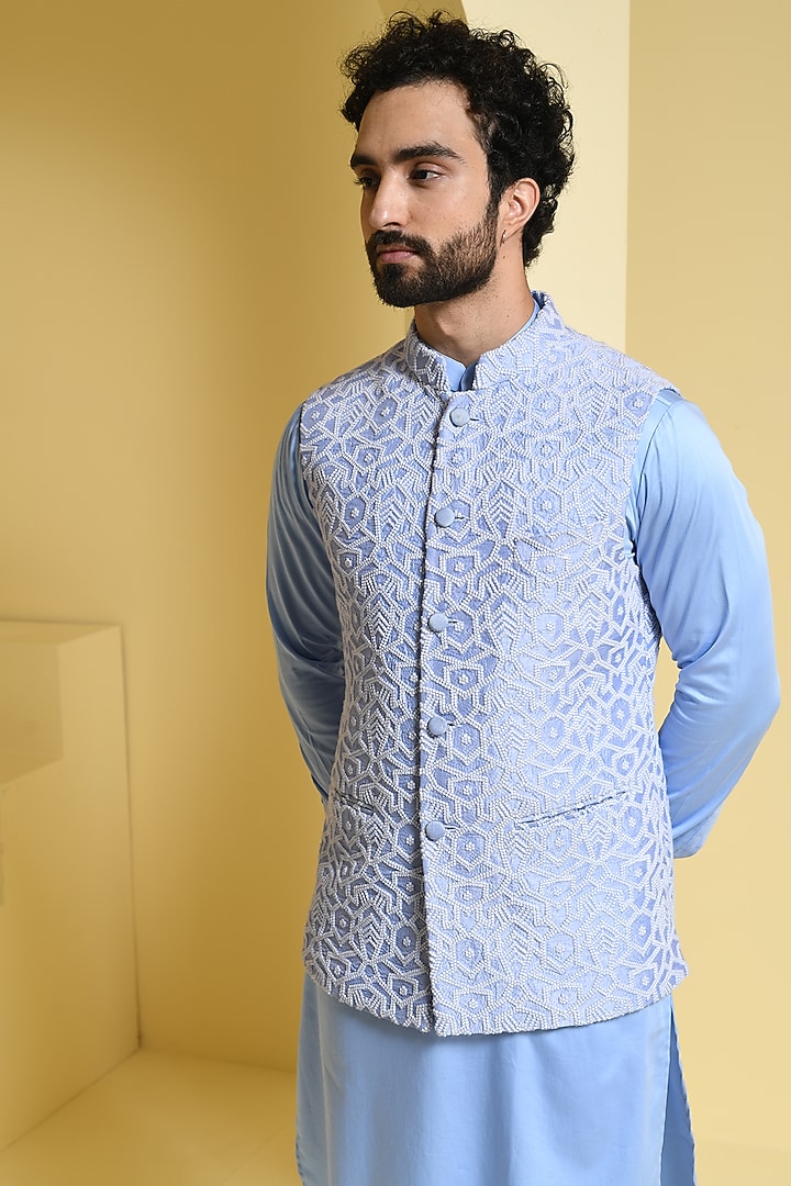 Powder Blue Silk Nehru Jacket Set by Prateek Munjal at Pernia's Pop Up Shop