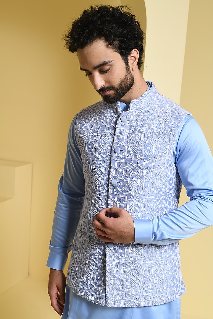 Powder Blue Silk Nehru Jacket Set by Prateek Munjal at Pernia's Pop Up Shop