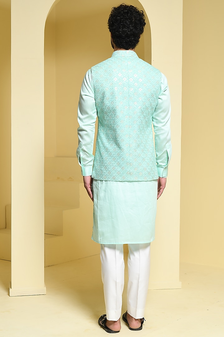 Pastel Green Silk Nehru Jacket Set by Prateek Munjal at Pernia's Pop Up Shop