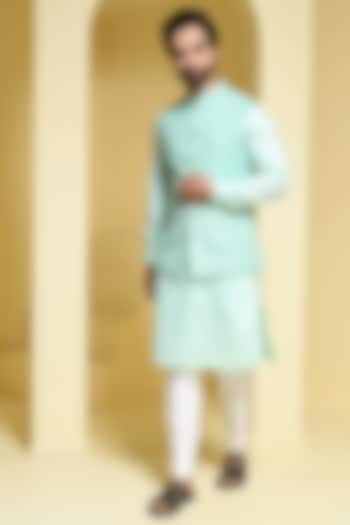 Pastel Green Silk Kurta Set With Nehru Jacket by KUSTOMEYES
