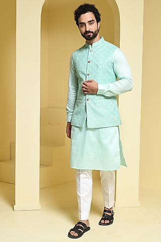Pastel Green Silk Nehru Jacket Set by Prateek Munjal