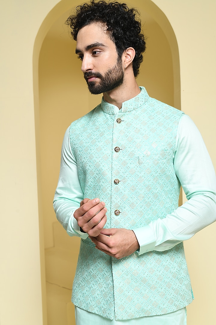 Pastel Green Silk Nehru Jacket Set by Prateek Munjal at Pernia's Pop Up Shop
