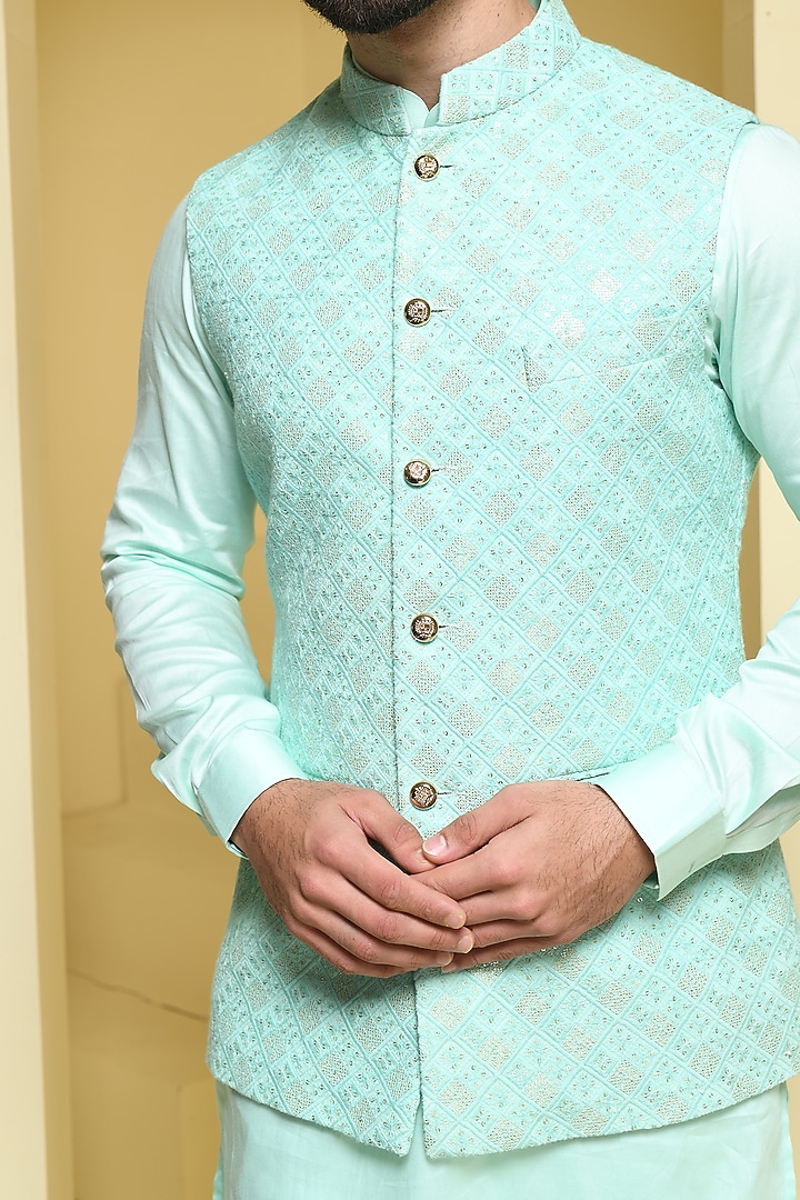 Pastel Green Silk Nehru Jacket Set by Prateek Munjal at Pernia's Pop Up Shop