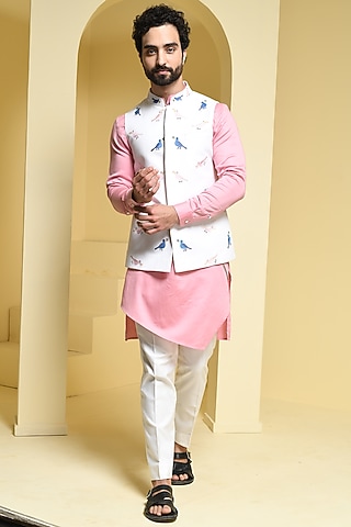 White Cotton Embroidered Nehru Jacket Set by Prateek Munjal