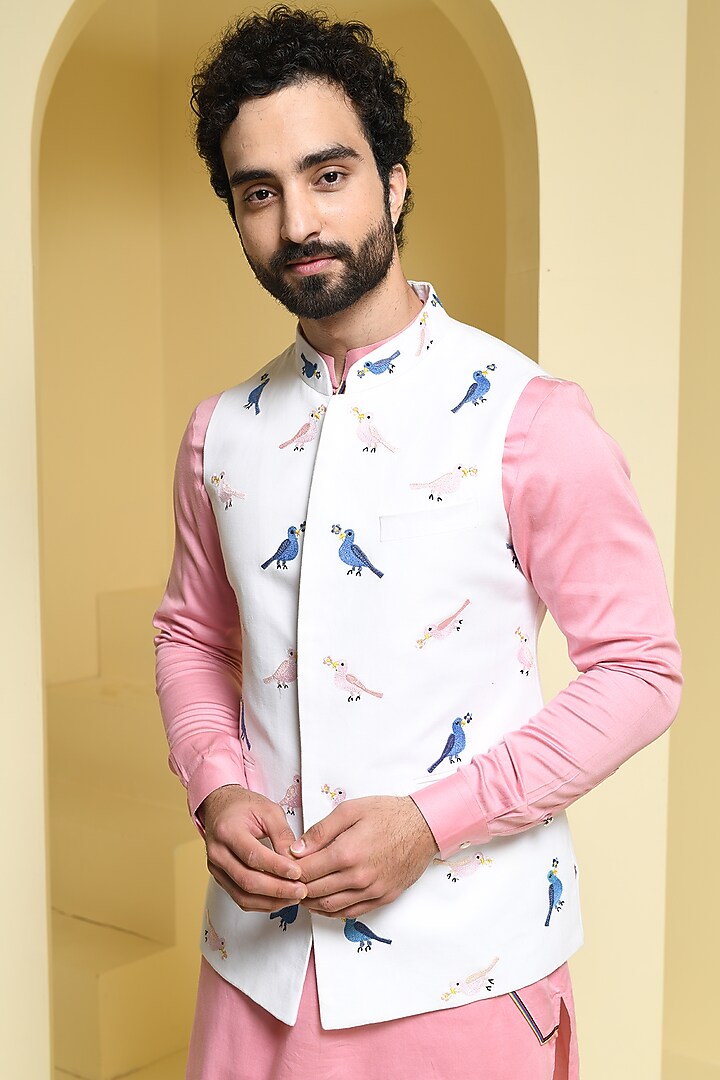 White Cotton Embroidered Nehru Jacket Set by Prateek Munjal at Pernia's Pop Up Shop