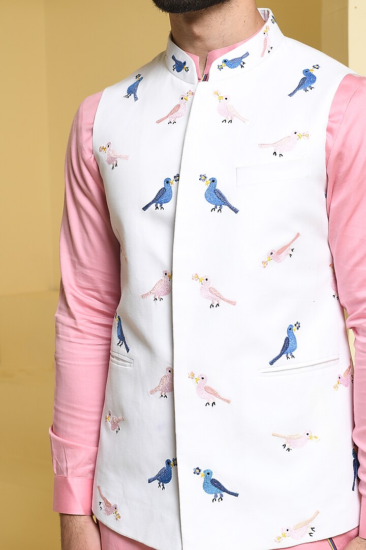 White Cotton Embroidered Nehru Jacket Set by Prateek Munjal at Pernia's Pop Up Shop