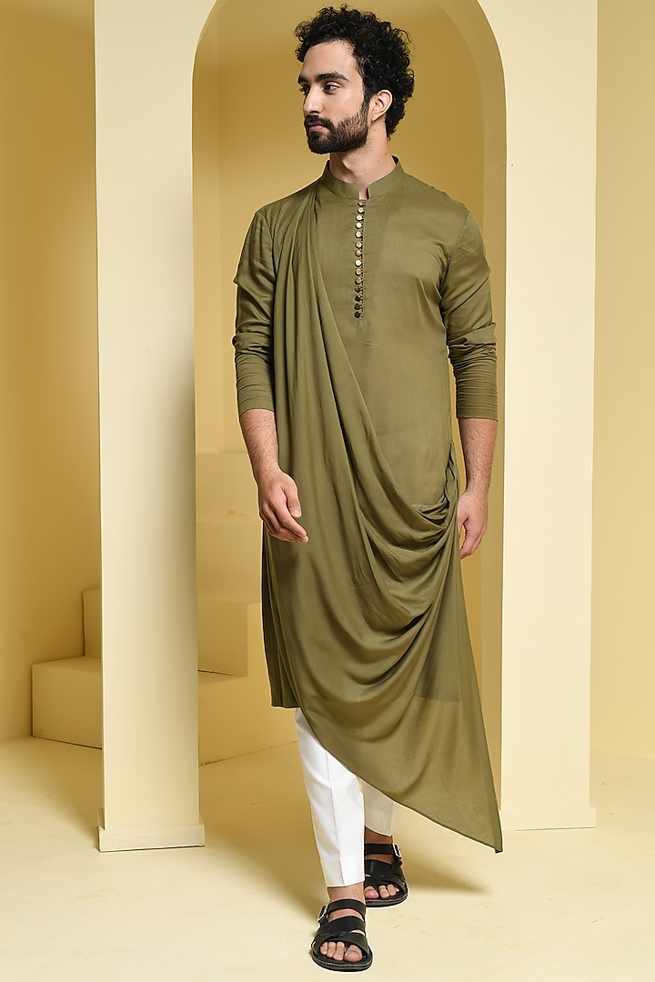 Olive Green Cotton Draped Kurta Set by KUSTOMEYES