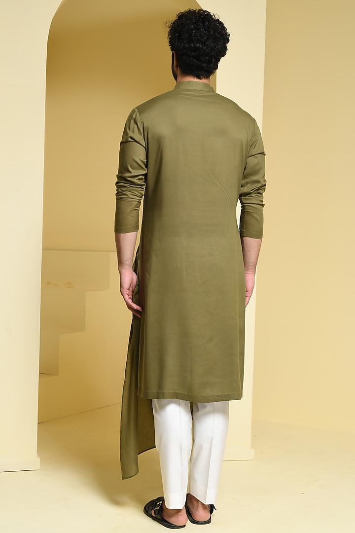 Olive Green Cotton Draped Kurta Set by Prateek Munjal at Pernia's Pop Up Shop