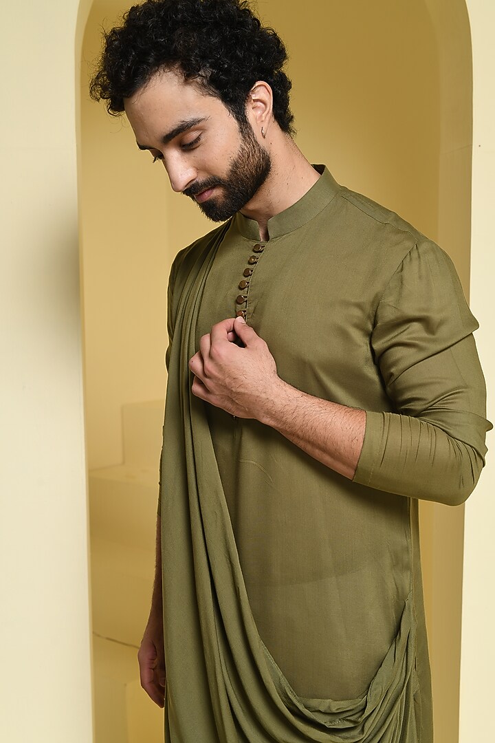 Olive Green Cotton Draped Kurta Set by Prateek Munjal at Pernia's Pop Up Shop