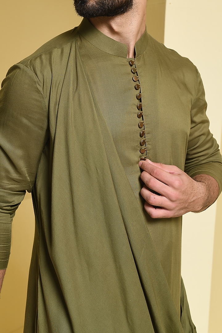 Olive Green Cotton Draped Kurta Set by Prateek Munjal at Pernia's Pop Up Shop