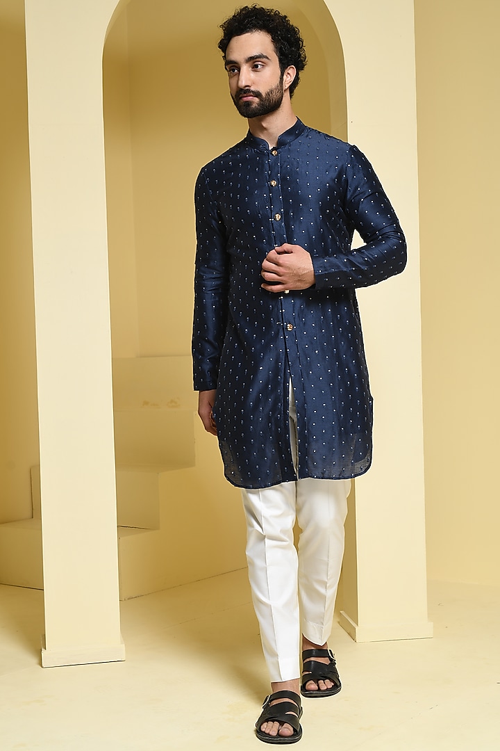 Deep Blue Embroidered Kurta Set by KUSTOMEYES