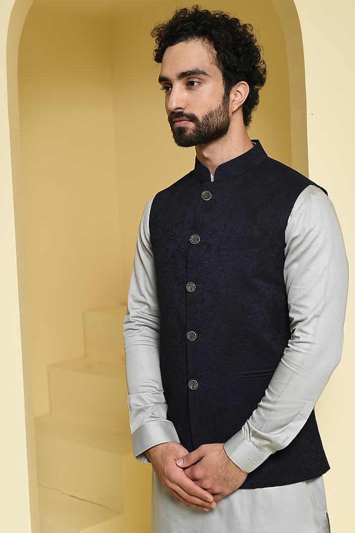 Blue Silk Embroidered Nehru Jacket Set by Prateek Munjal at Pernia's Pop Up Shop