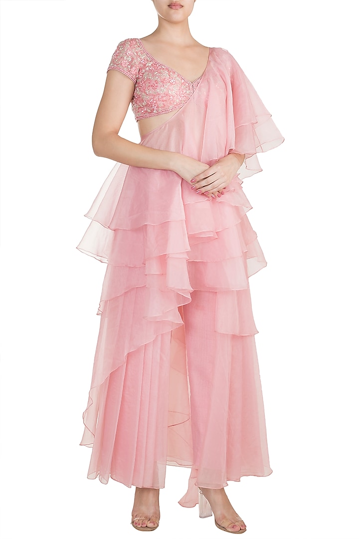 Galaxy Pink Embellished Pleated Pant Wedding Saree Set by Kashmiraa at Pernia's Pop Up Shop