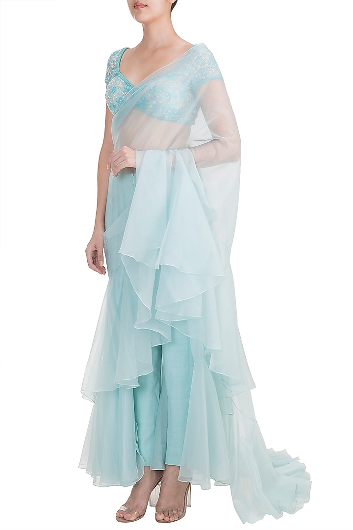 Frost Blue Embellished Pleated Pant Wedding Saree Set by Kashmiraa at Pernia's Pop Up Shop