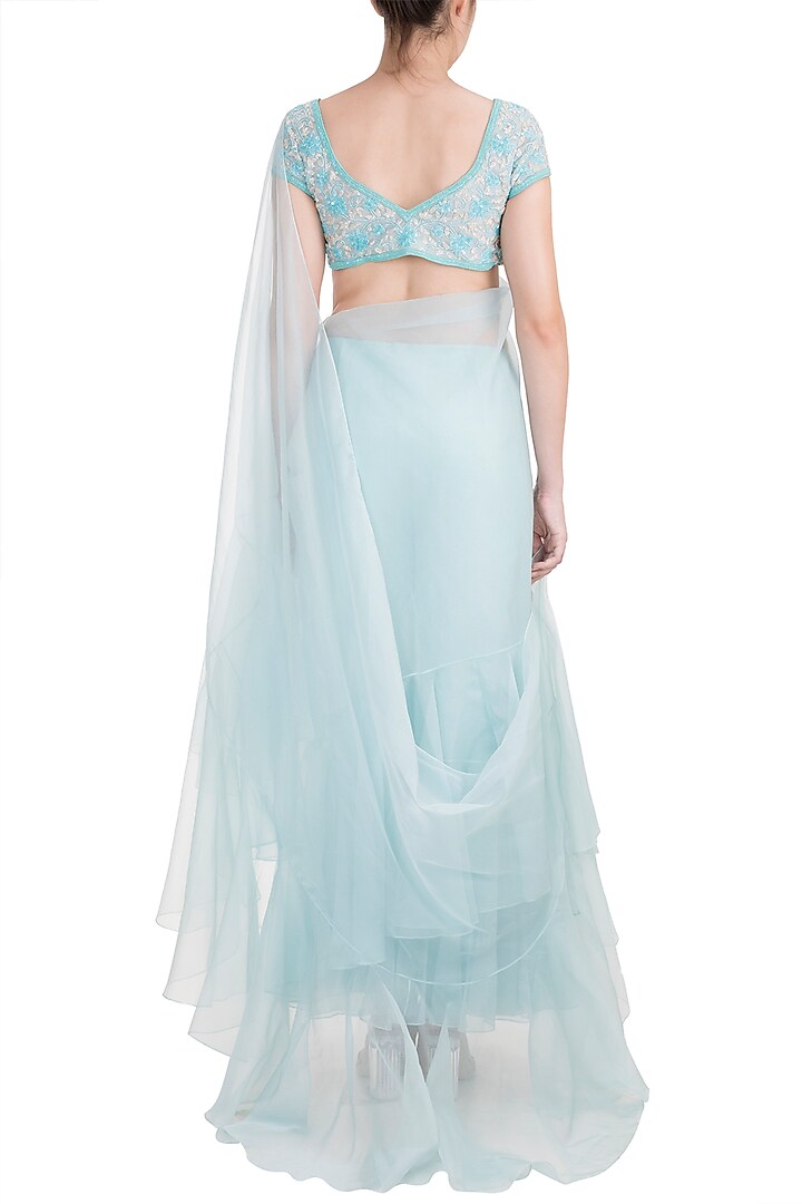Frost Blue Embellished Pleated Pant Wedding Saree Set by Kashmiraa at Pernia's Pop Up Shop