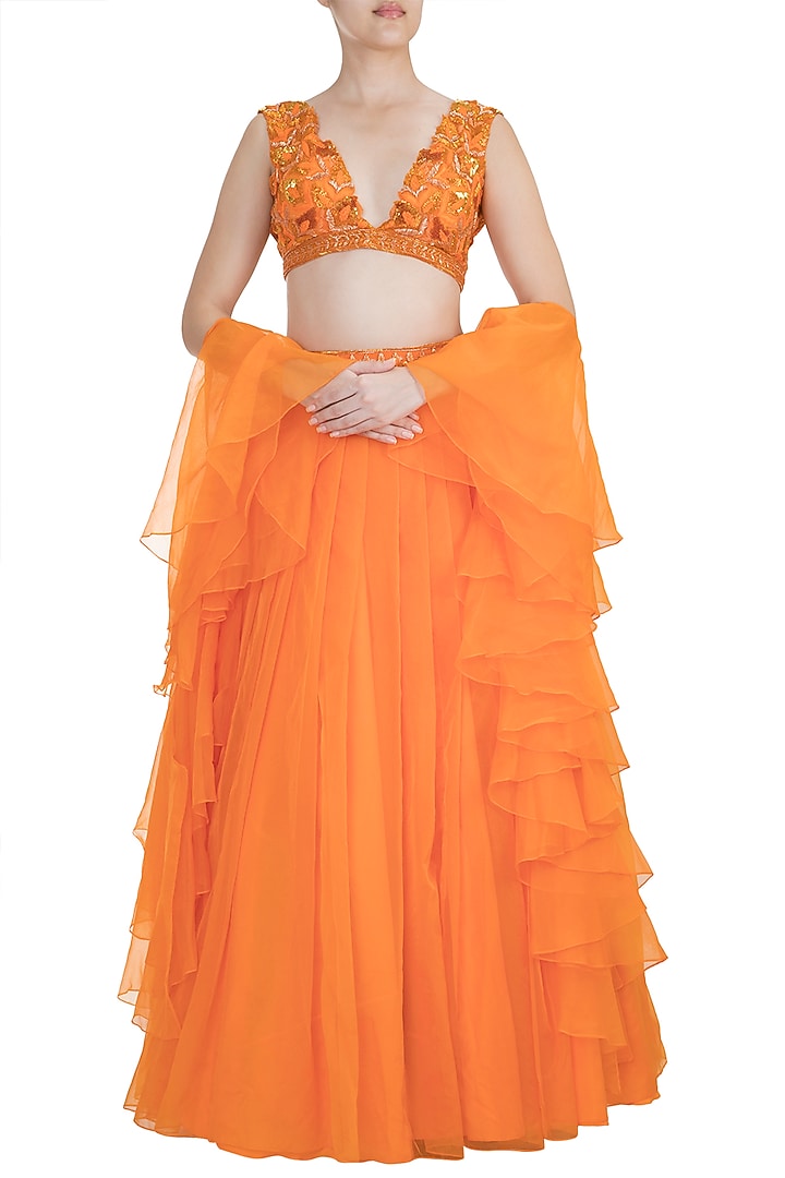 Fire Orange Embroidered Wedding Lehenga Set by Kashmiraa at Pernia's Pop Up Shop