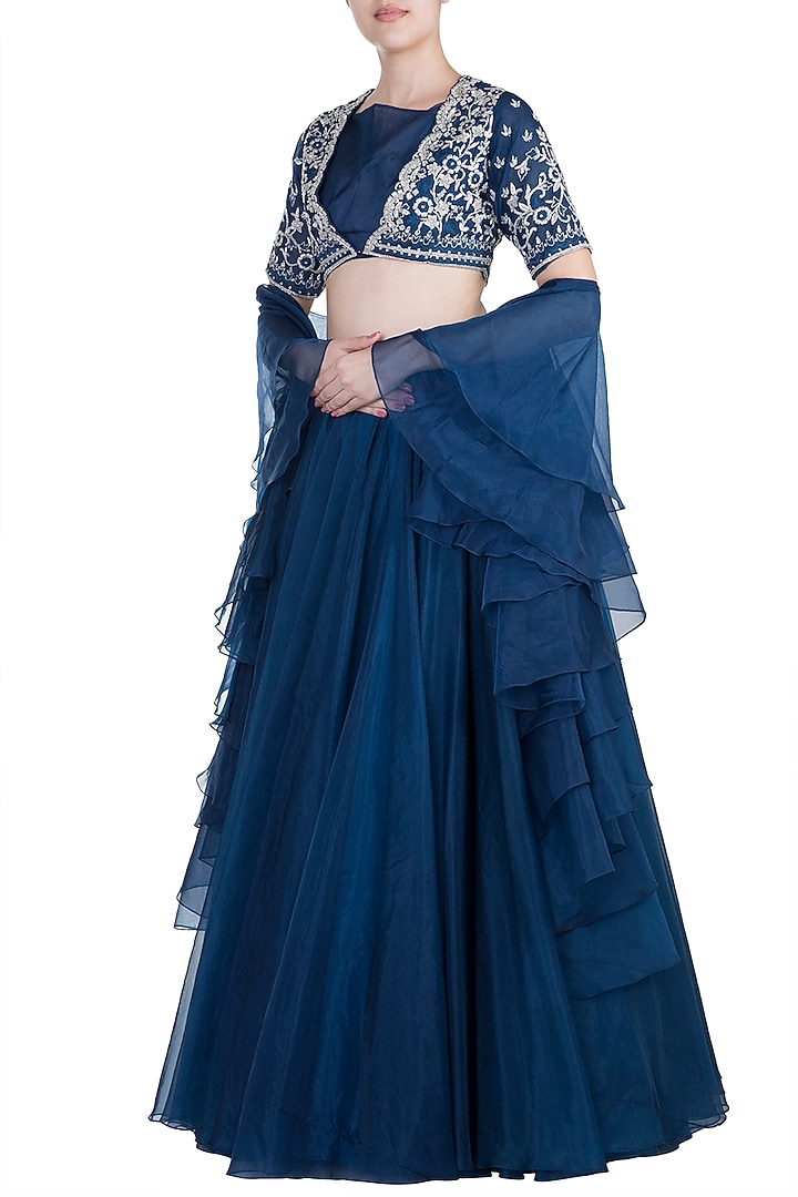Navy Blue Embroidered Wedding Lehenga Set by Kashmiraa at Pernia's Pop Up Shop