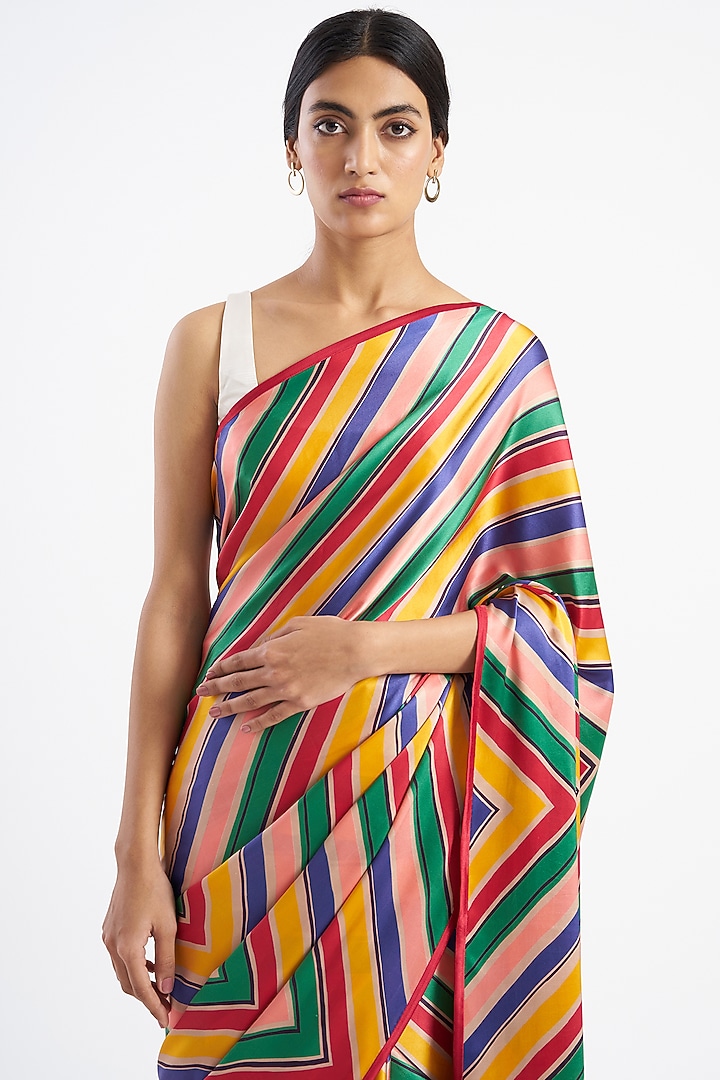 Multi-Colored Silk Satin Crepe Digital Printed Party Wear Saree by Kshitij Jalori at Pernia's Pop Up Shop