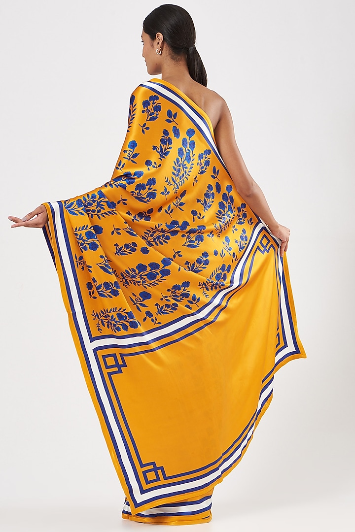 Mustard Silk Satin Floral Printed Pali Party Wear Saree by Kshitij Jalori at Pernia's Pop Up Shop
