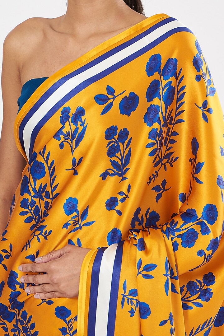 Mustard Silk Satin Floral Printed Pali Party Wear Saree by Kshitij Jalori at Pernia's Pop Up Shop