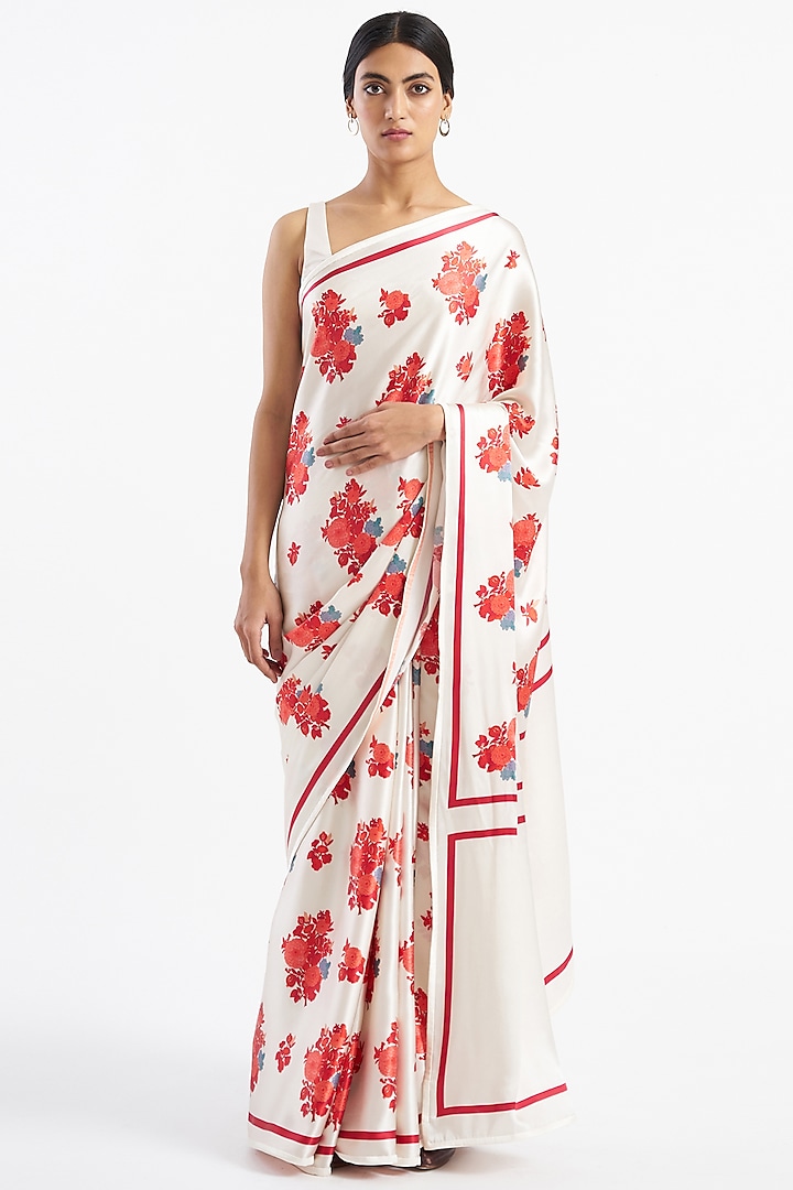 White Silk Satin Crepe Floral Printed Saree by Kshitij Jalori