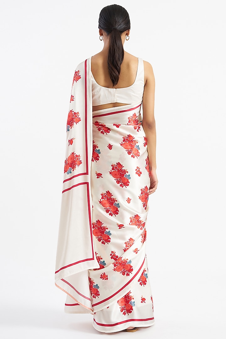 White Silk Satin Crepe Floral Printed Party Wear Saree by Kshitij Jalori at Pernia's Pop Up Shop